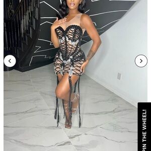 Elegant Black and nude mesh Lace Dress for birthday sexy